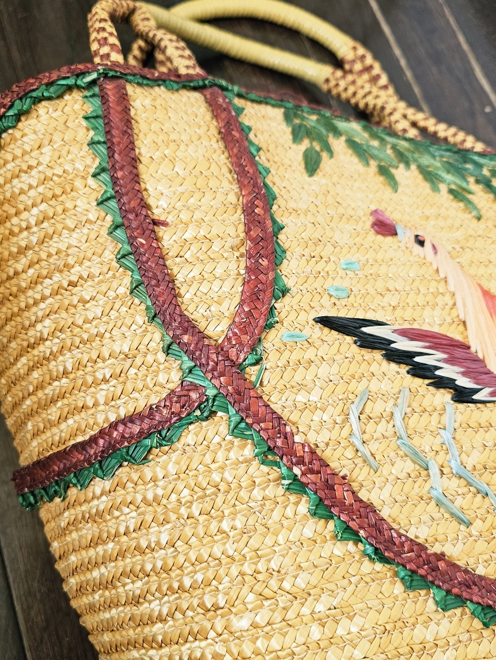Vintage 1970s Embroidered Straw Tote Bag Beach Bag Bird & Willow Tree - Picture 11 of 14